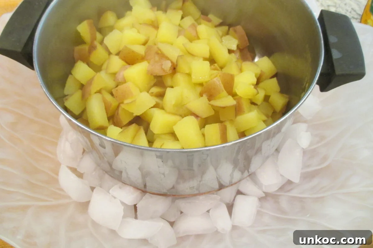 Creamy Red Potato Salad with Herbs and Dijon 7 Diced potatoes in a pan setting on top of ice cubes.