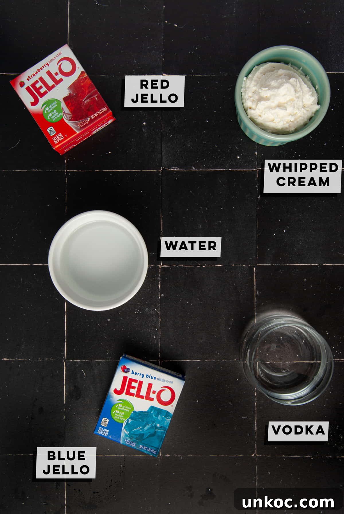 5 Ingredient Red White and Blue Jello Shots 3 red jello, whipped cream, water, vodka, and blue jello
