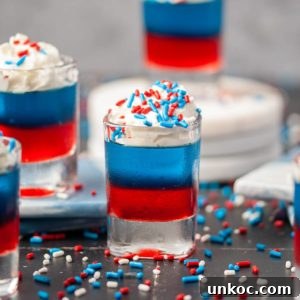 5 Ingredient Red White and Blue Jello Shots 8 close up of layered jello shots