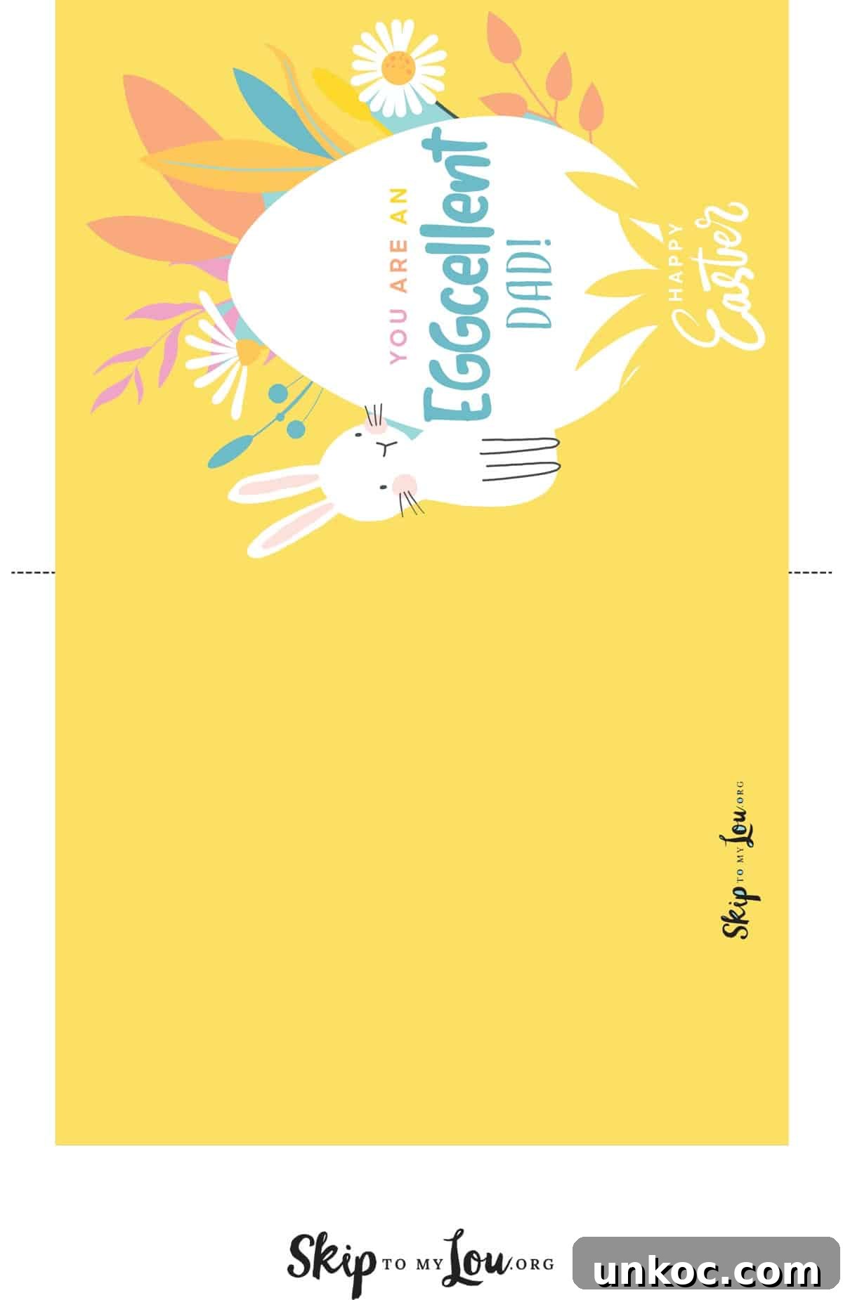 Happy Easter Dad Heartfelt Wishes and Messages 3 Yellow Happy Easter Dad greeting card with an egg, flowers and a rabbit. Text reads You are an eggcellent dad.