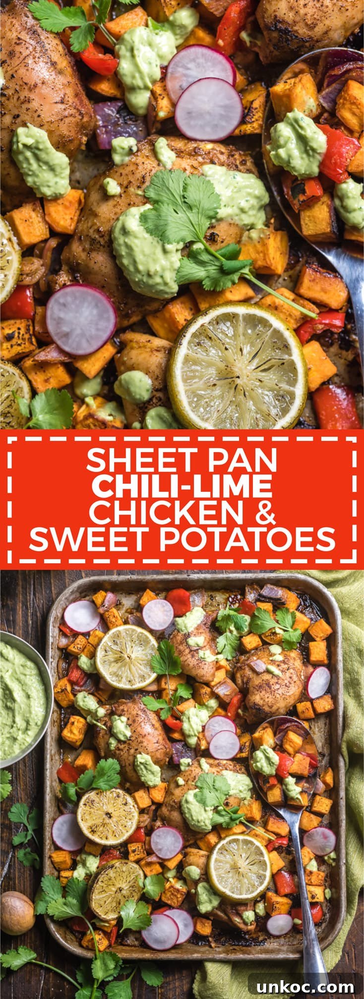 Sheet Pan Chili-Lime Chicken and Sweet Potatoes with juicy chicken thighs, sweet potatoes, onion, and bell pepper roasted in a chili-lime marinade.