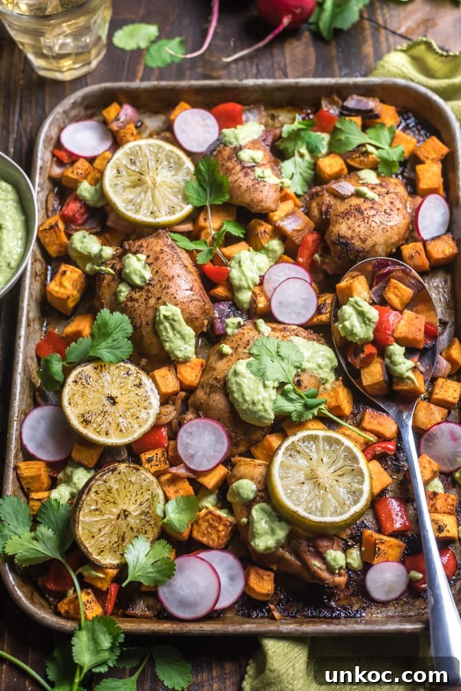 Finished sheet pan chili-lime chicken and sweet potatoes ready to serve.