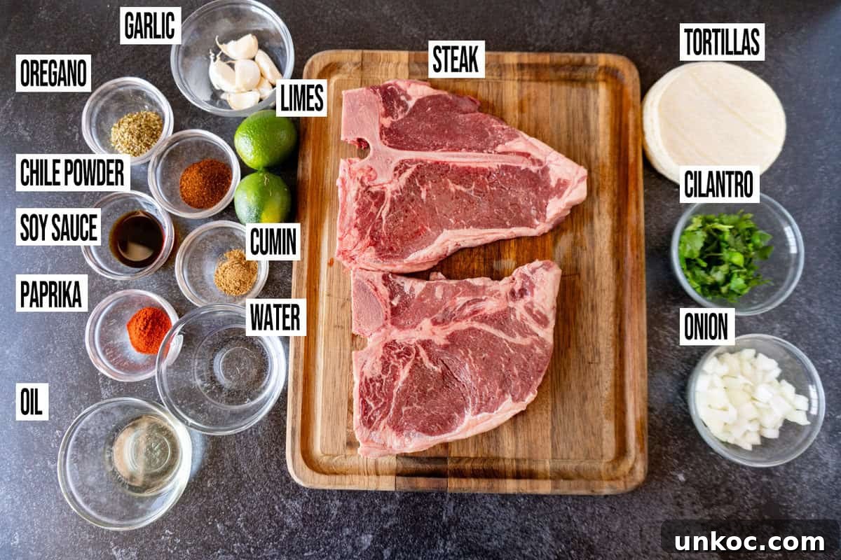 Mexican street tacos ingredients laid out and labeled.