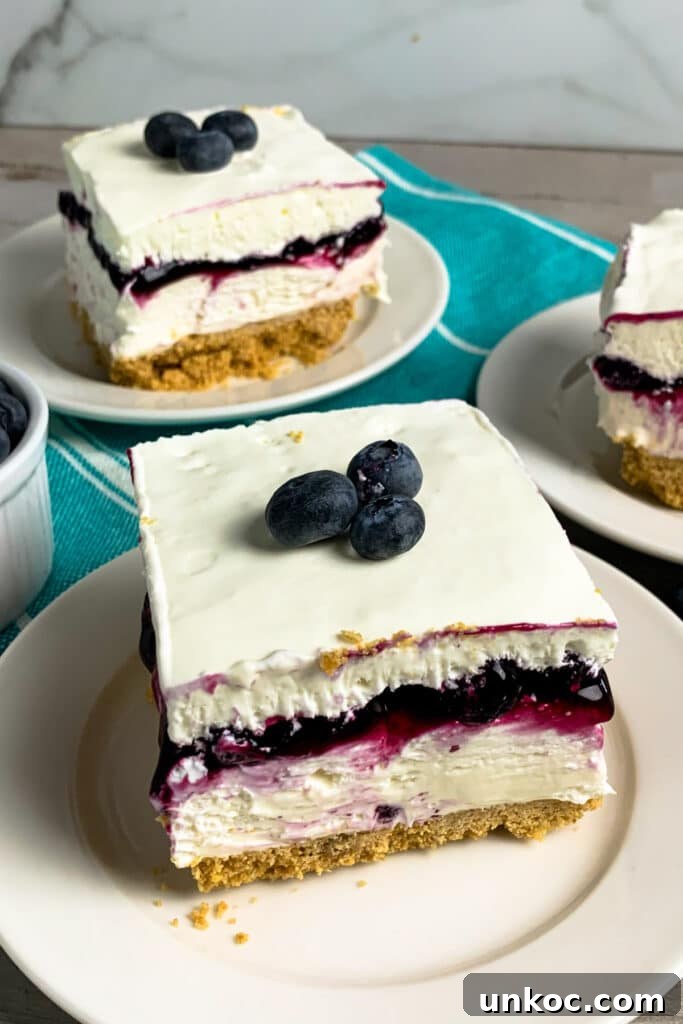 No-bake dessert on a white plate to show the cream cheese and blueberry filling.