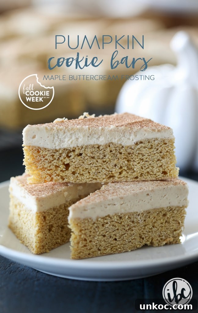 Pumpkin Cookie Bars with Maple Buttercream Frosting for fall baking.