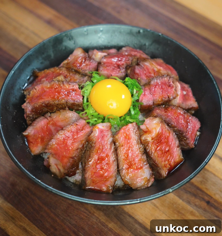 Final hero shot of steak rice bowl featuring seared beef, raw egg yolk, scallions, and glossy glaze served in a rustic bowl.