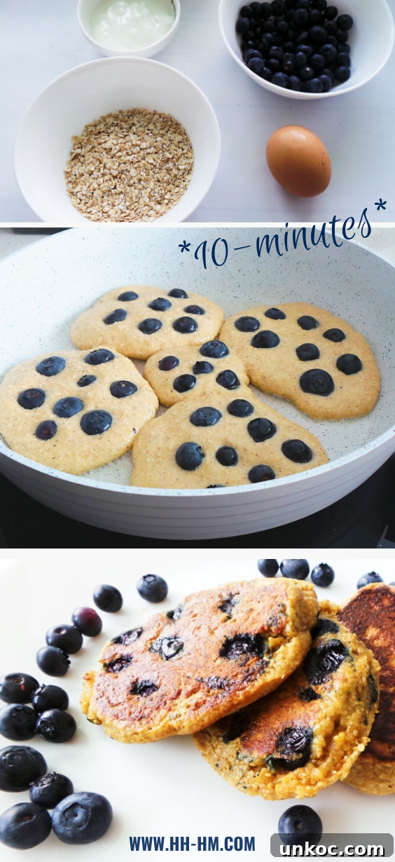 Flourless Blueberry Oatmeal Pancakes No Banana 4 10-minute healthy oatmeal blueberry pancakes made without banana and without regular flour.