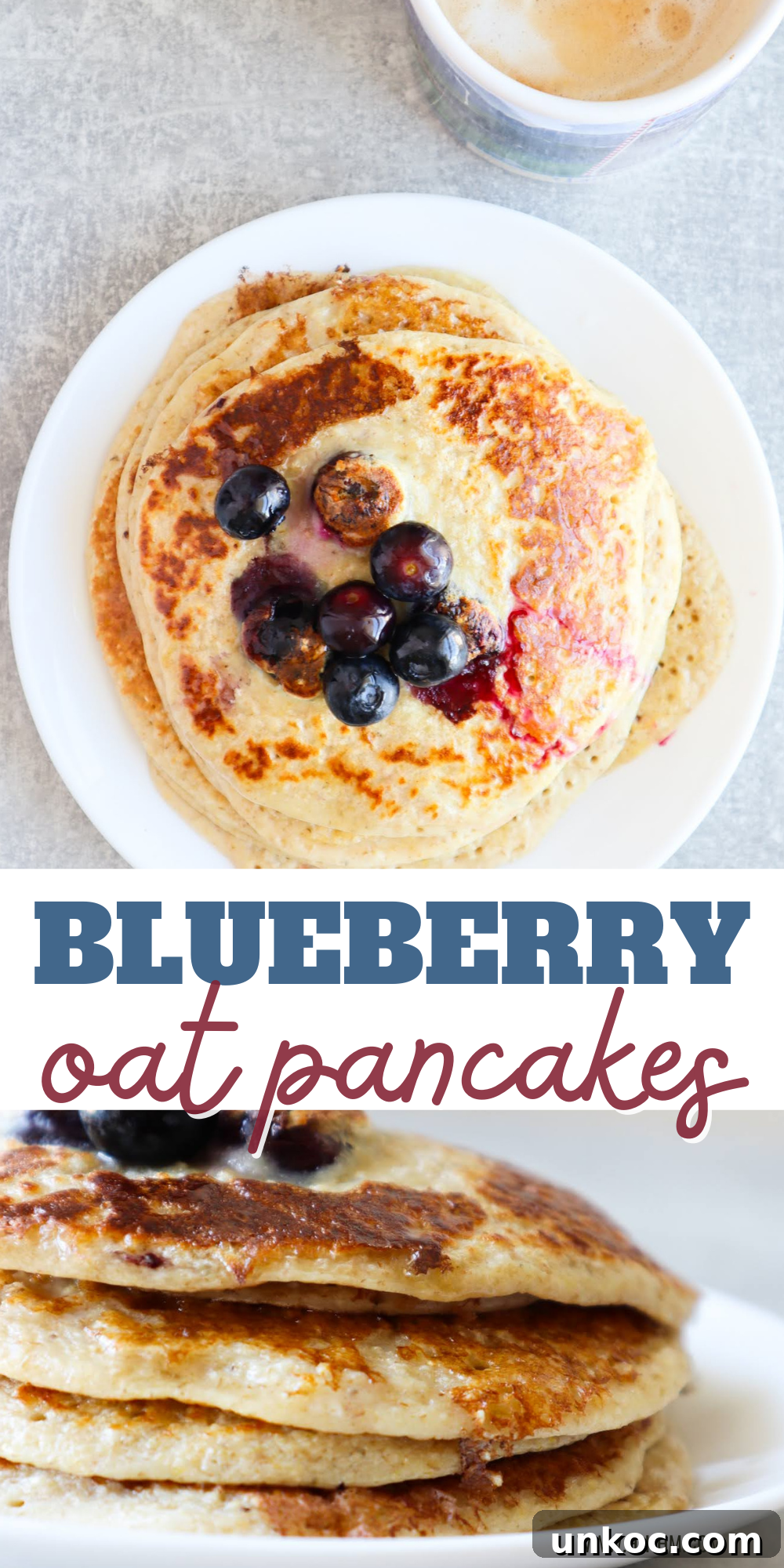Flourless Blueberry Oatmeal Pancakes No Banana 8 Flourless blueberry oatmeal pancakes recipe card image.