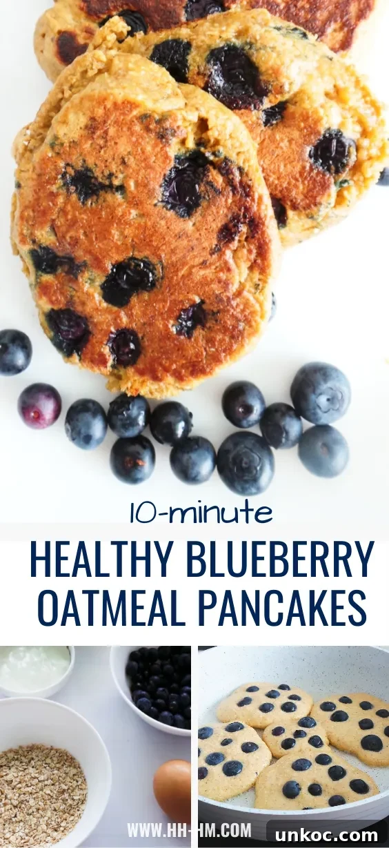 Flourless blueberry oatmeal pancakes recipe image.