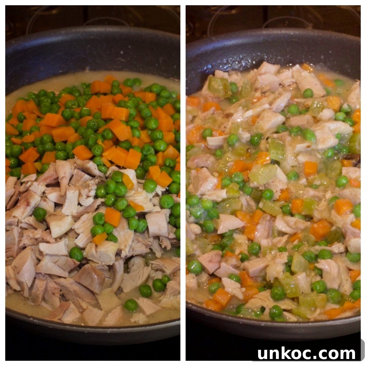 Cast Iron Skillet Chicken Pot Pie with Crispy Golden Crust 7 Combining filling