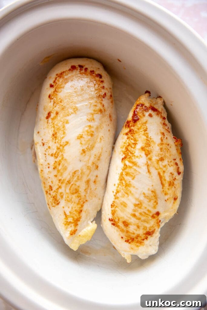 Slow Cooker Honey Mustard Chicken Recipe 3 two browned chicken breasts in a slow cooker