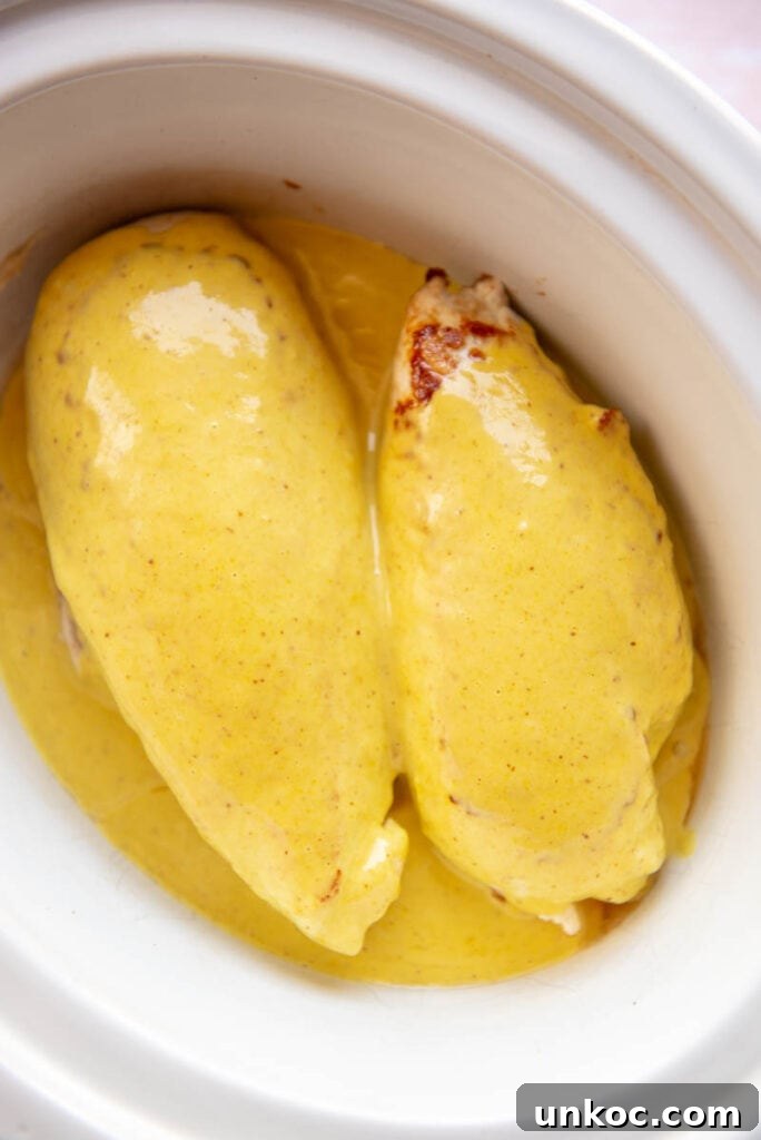 Slow Cooker Honey Mustard Chicken Recipe 6 two uncooked chicken breasts and honey mustard sauce in a slow cooker