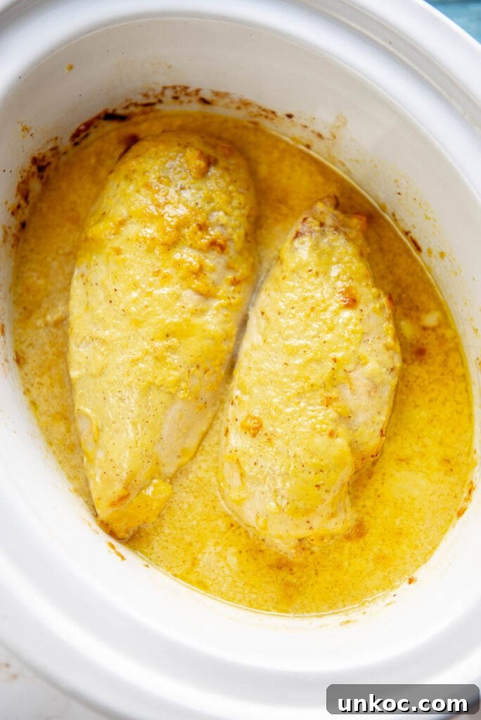 Slow Cooker Honey Mustard Chicken Recipe 7 two cooked chicken breasts and honey mustard sauce in a slow cooker
