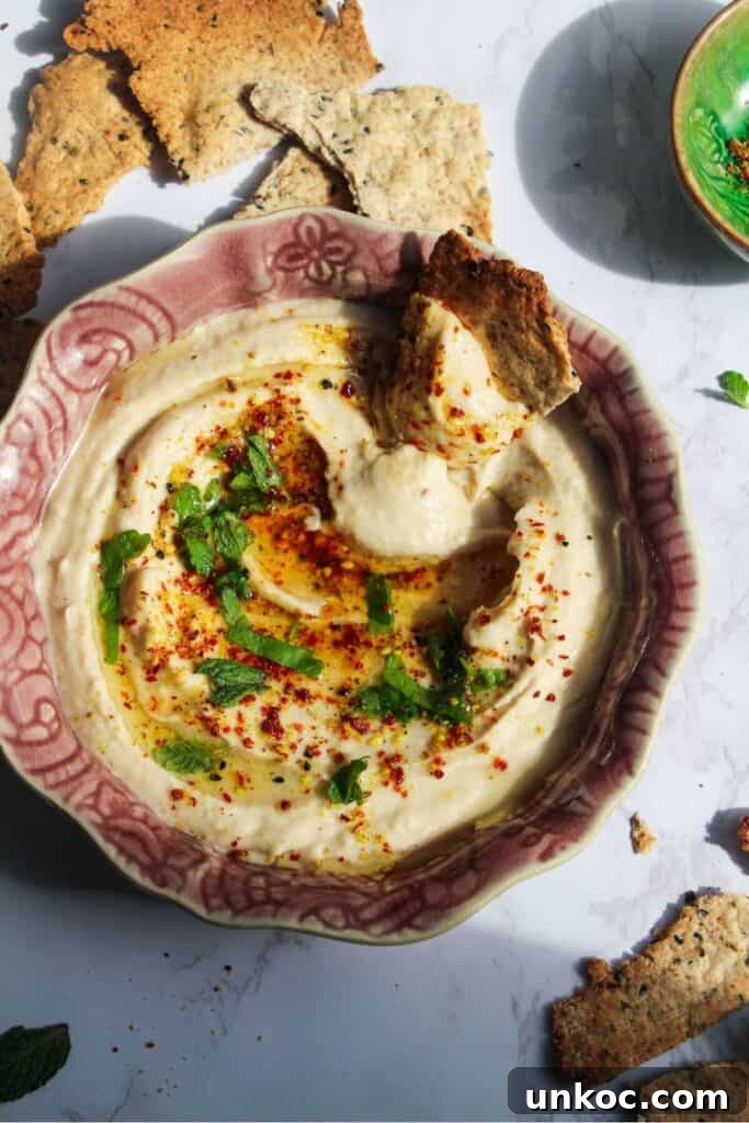 Spicy Harissa Whipped Feta Dip 13 Cracker swirled through white bean dip in a small pink bowl with more crackers on the side.