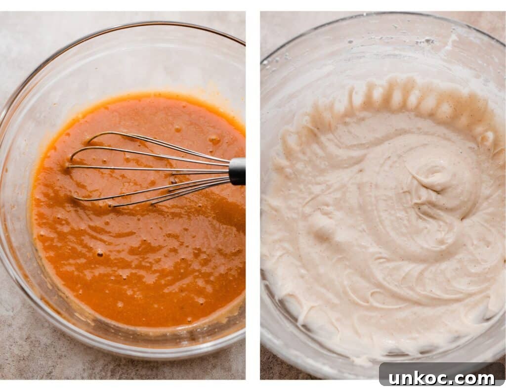 Pumpkin Gooey Butter Cake Recipe 5 Two images: one of the pumpkin cake batter and one of the cream cheese mixture.