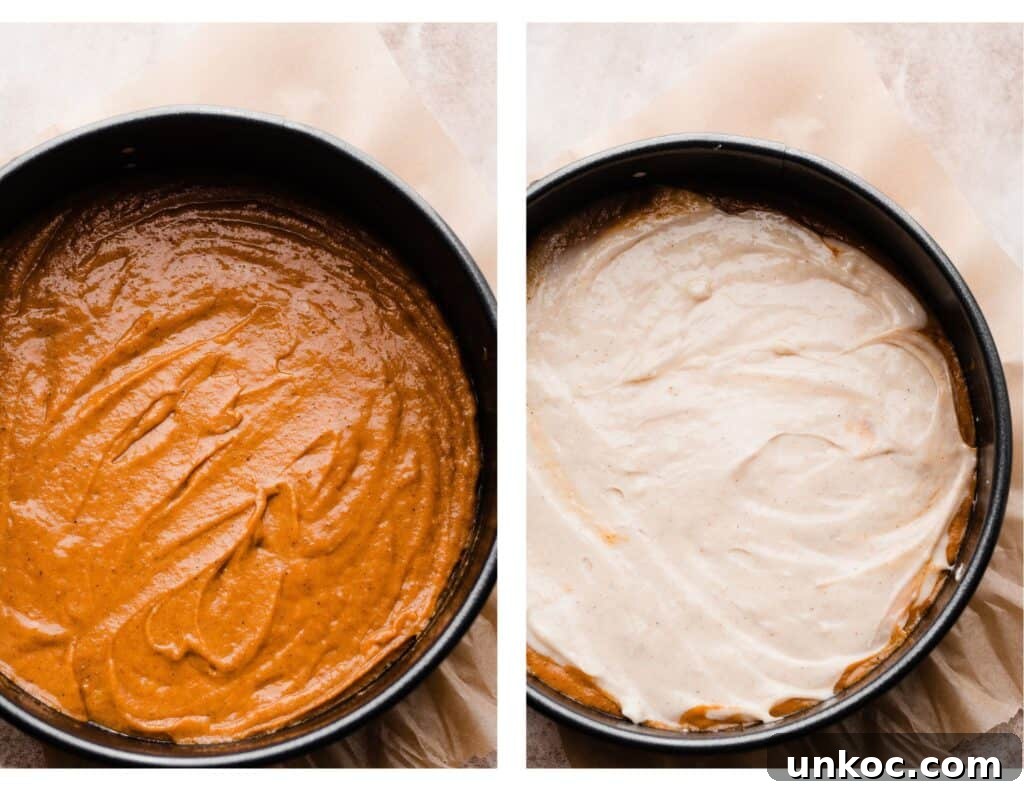 Pumpkin Gooey Butter Cake Recipe 6 Two images: one of the cake batter spread in a springform pan, and one with the cream cheese layer on top.