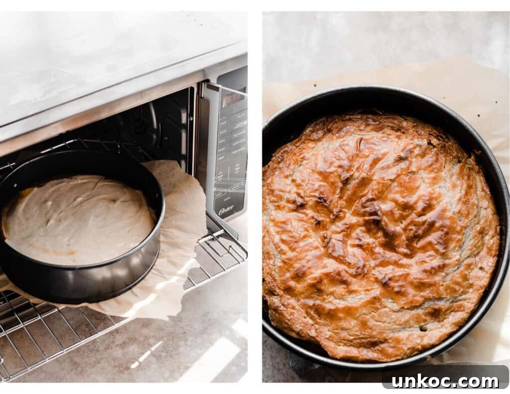 Pumpkin Gooey Butter Cake Recipe 7 Two images: one of the cake going into the air fry oven, and one of the baked cake with a golden crackly top.