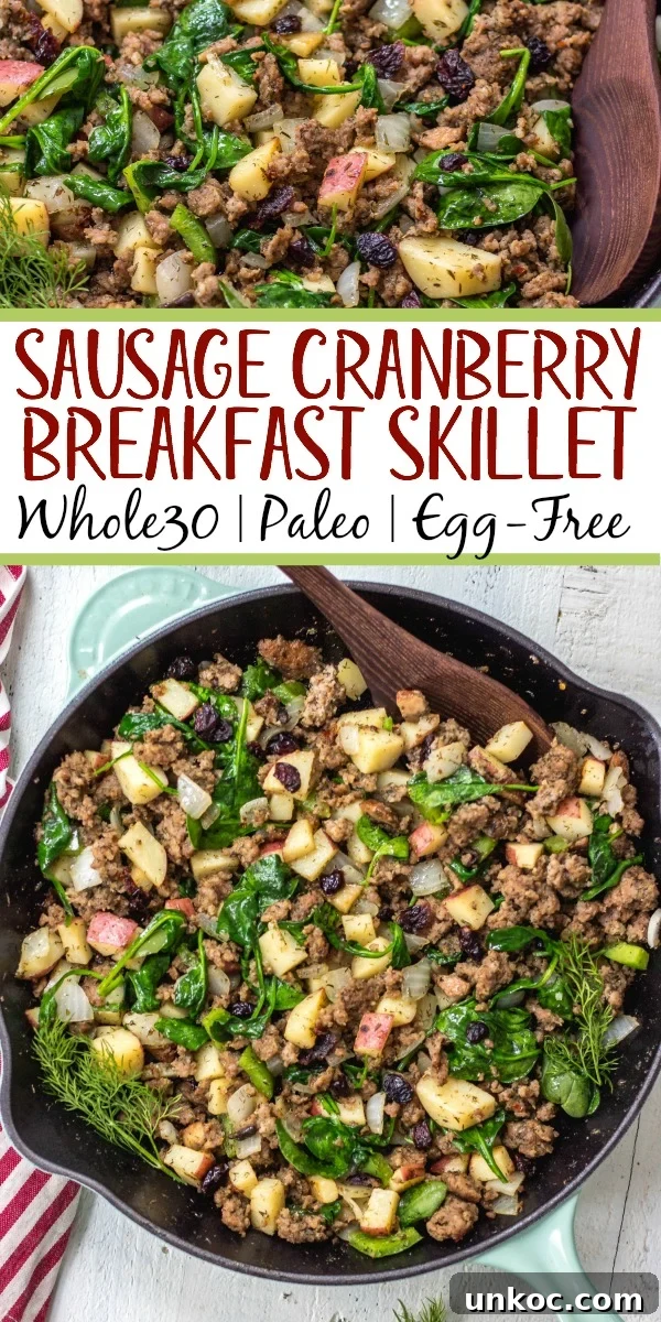 Whole30 Sausage and Cranberry Breakfast Skillet Whole30 sausage and cranberry breakfast skillet served as an egg-free Paleo breakfast