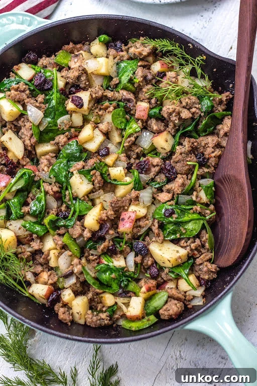 Egg-Free Sausage Breakfast Skillet Egg-free sausage breakfast skillet with potatoes, spinach, and cranberries