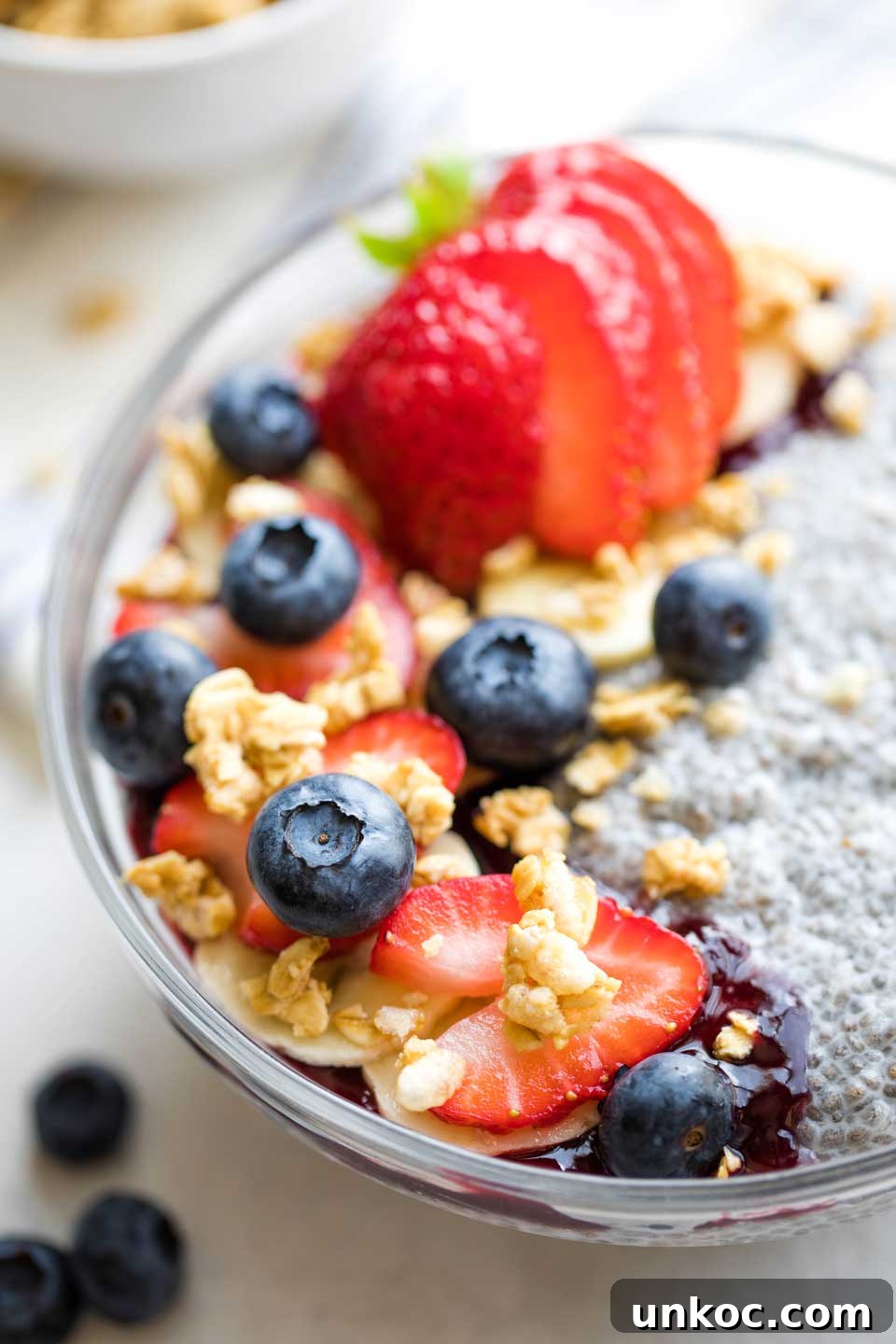 Chia Pudding Coconut Milk Recipe with Berries closeup photo of the toppings on a bowl of chia pudding - strawberries, blueberries, sliced bananas, jelly and granola