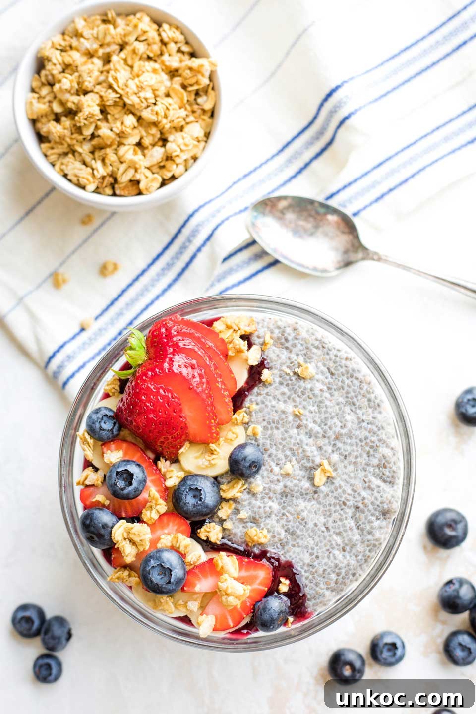 Chia Pudding with Coconut Milk and Berries First Watch Copycat Recipe overhead of finished bowl of chia pudding, topped with jelly, fruit and granola - with a spoon and extra granola nearby
