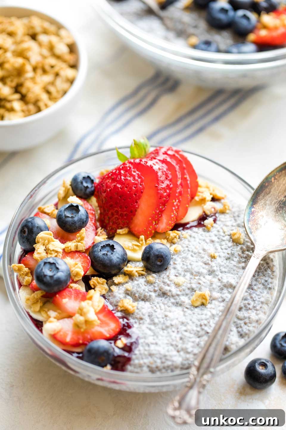Chia Pudding with Coconut Milk Recipe bowl of chia seed pudding with topping, a spoon laying across the bowl, and the serving bowl and extra toppings in background