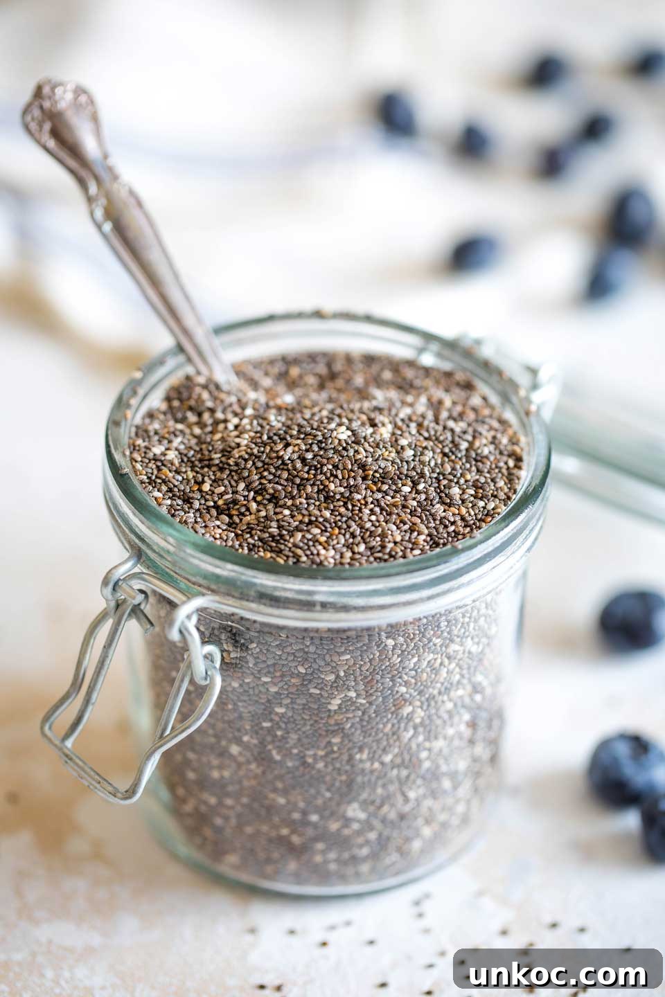 Chia Seeds for Chia Pudding with Coconut Milk storage jar filled with chia seeds, with spoon in it