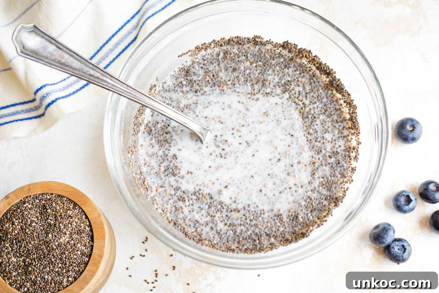 How to Make Chia Pudding with Coconut Milk mixing bowl with chia seeds and coconut milk, just starting to be stirred together