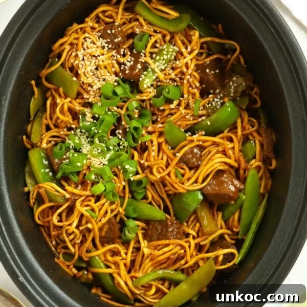 Sticky sauce beef noodles made in the slow cooker