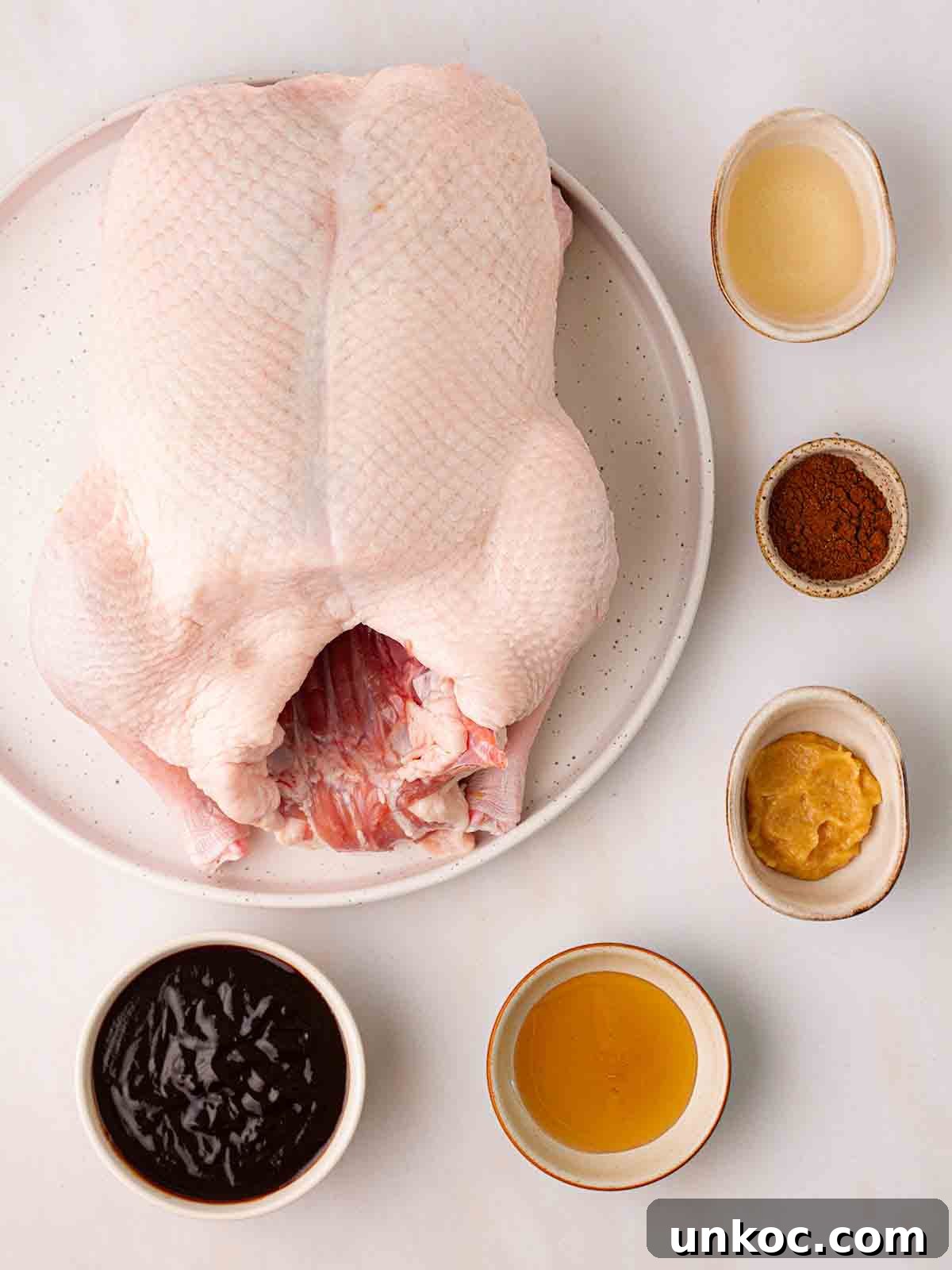 The ingredients to make Slow Cooker Peking Duck laid out on a counter top.