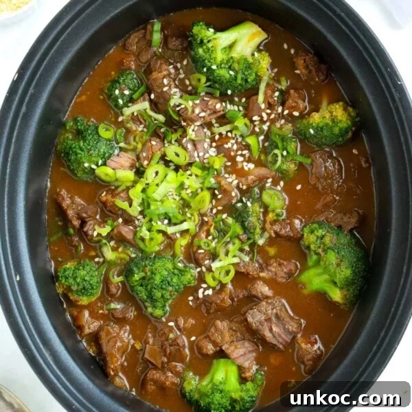Green broccoli with beef for a Chinese-style dish in the slow cooker.