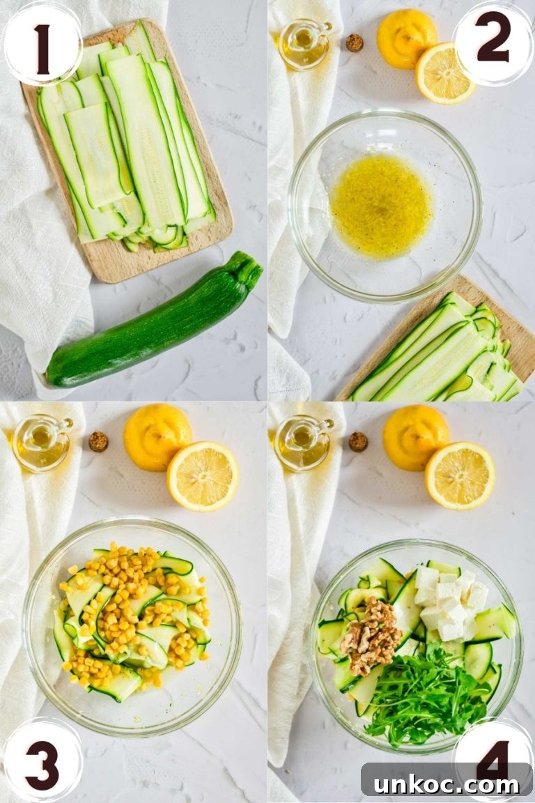 Fresh Summer Zucchini Salad with Lemon and Herbs 4 collage of step by step photos of zucchini and corn salad