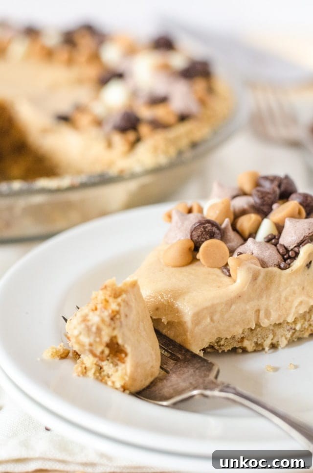 A rich and cream no-bake peanut butter pie with pretzel crust