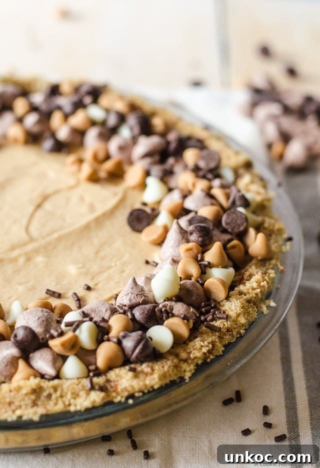 Showstopping no-bake peanut butter pie with pretzel crust. Everyone will fall in love with this dessert!