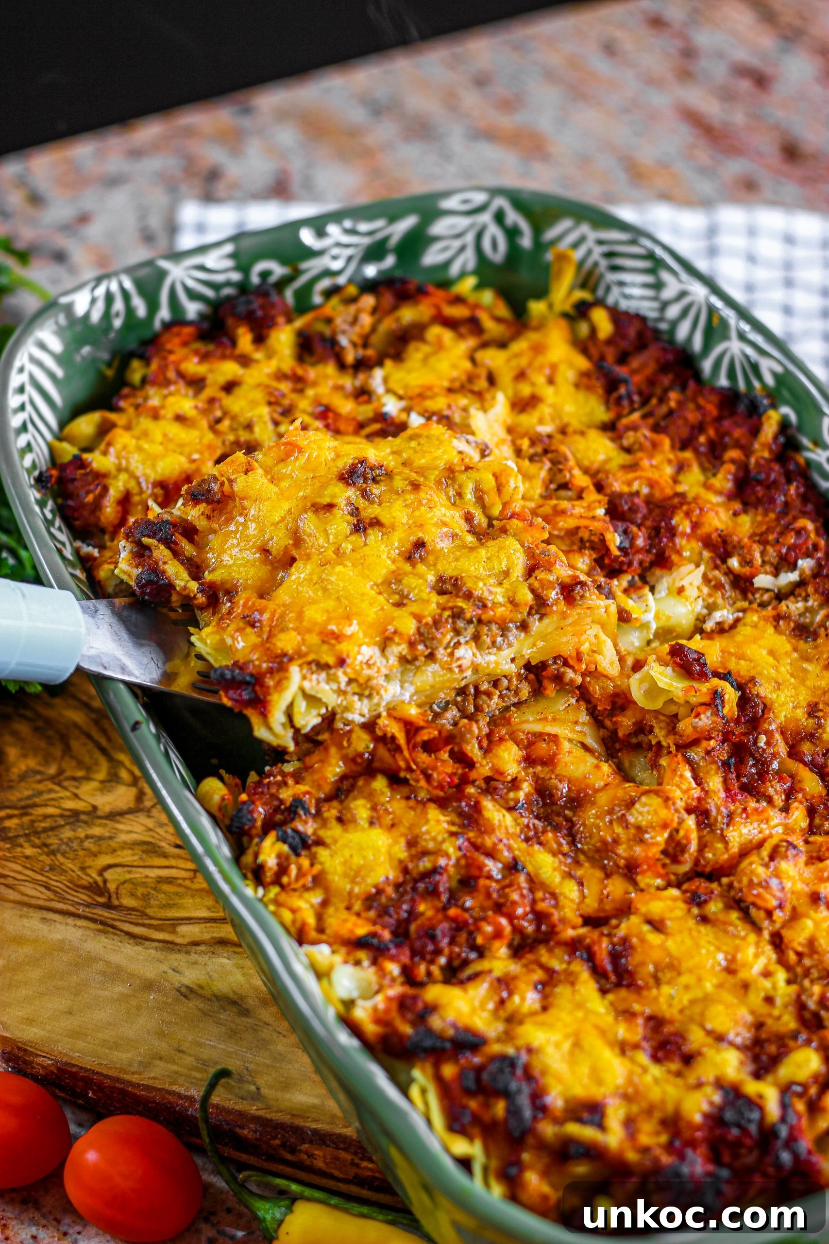 Poor Mans Husband Casserole with Ground Beef 4 Layered noodle and beef casserole before baking