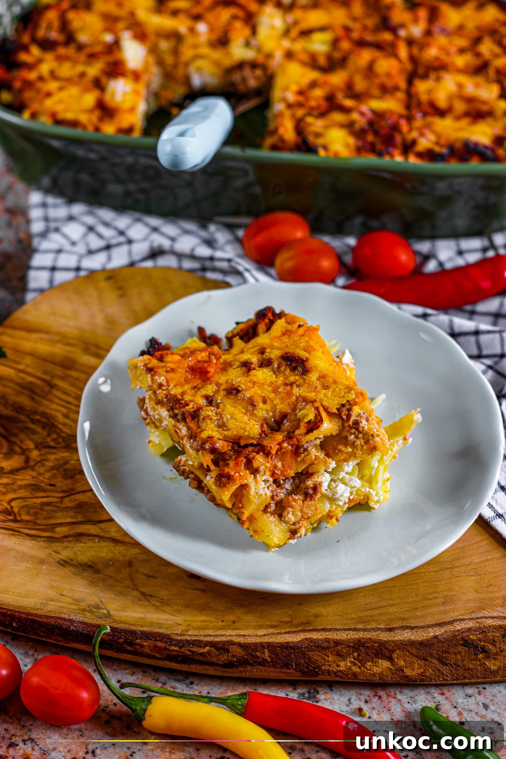 Poor Mans Husband Casserole with Ground Beef 6 Close-up of creamy noodle and beef casserole layers