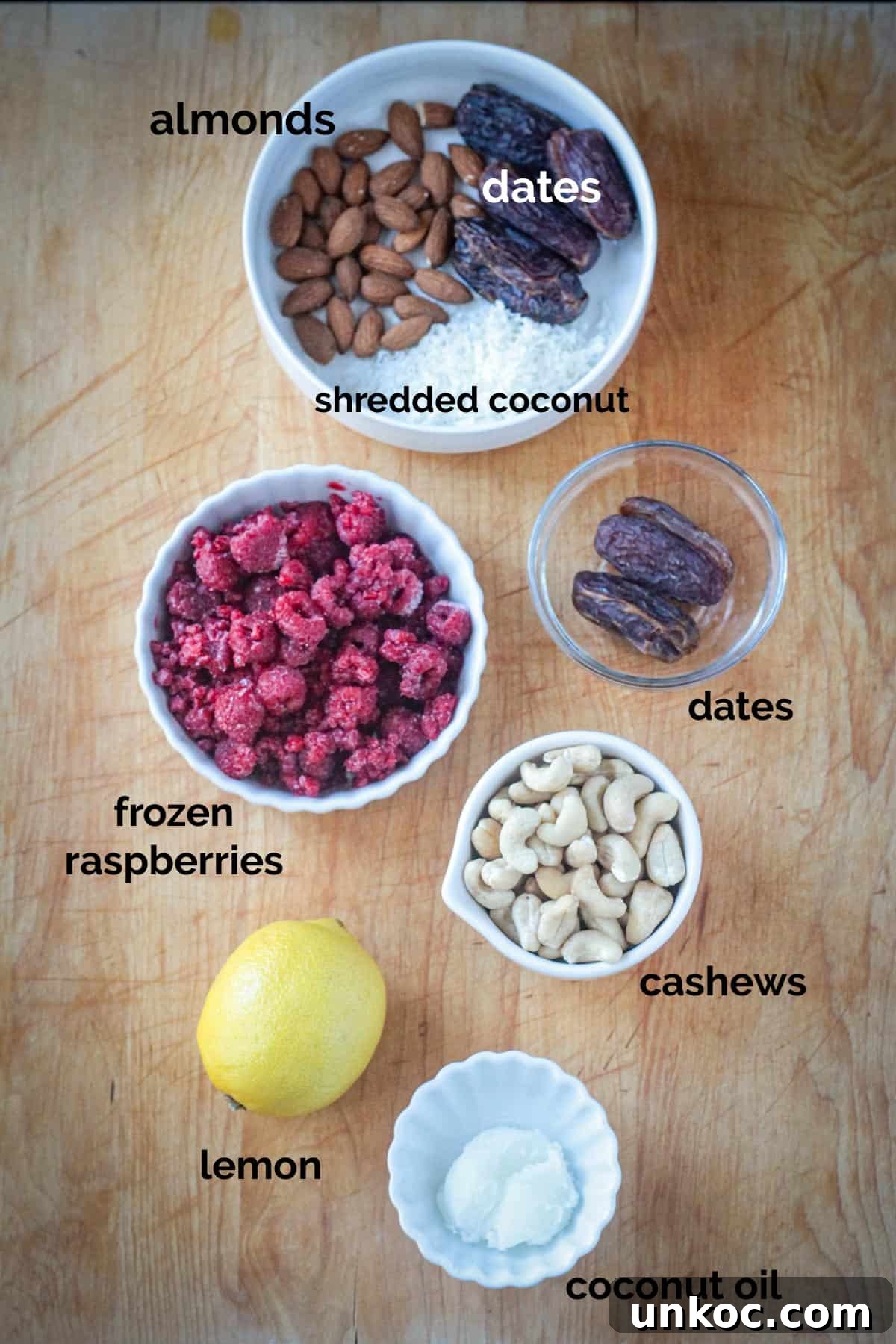 Vegan Raw Raspberry Cheesecake Recipe 2 Vegan Raw Cheesecake recipe ingredients arrayed in individual bowls.