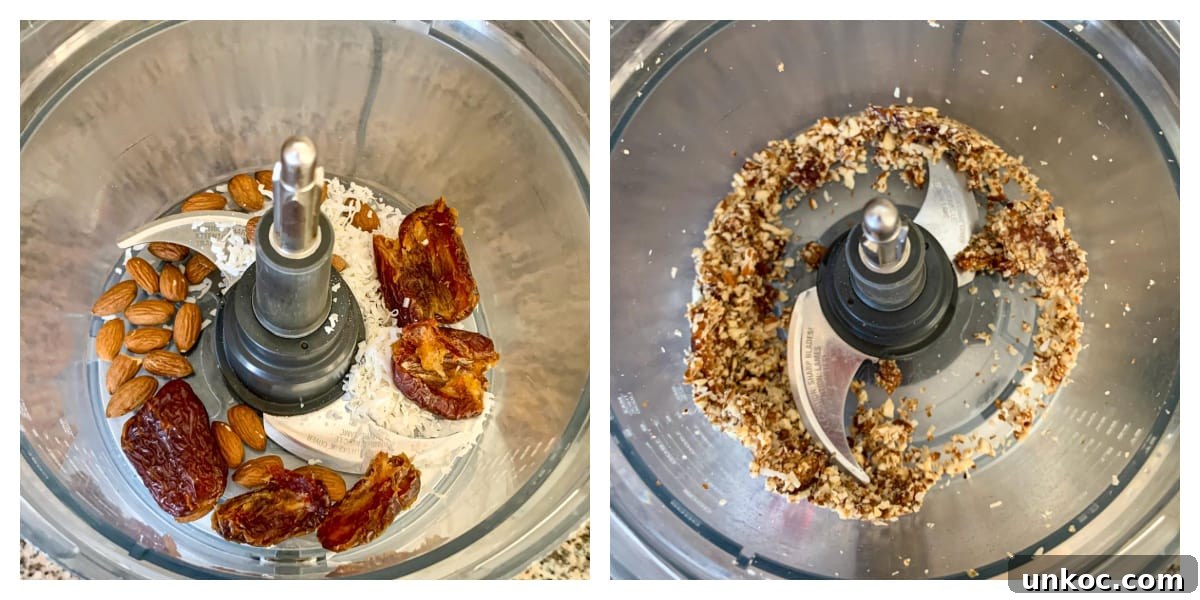 Vegan Raw Raspberry Cheesecake Recipe 3 2 photo collage of crust ingredients in a food processor and after being pulsed into a crumble.