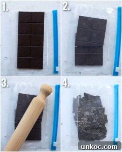 4 step by step photos showing how to smash chocolate
