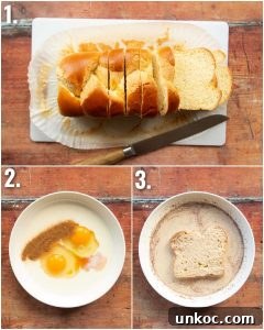 3 step by step photos showing how to prepare French toast