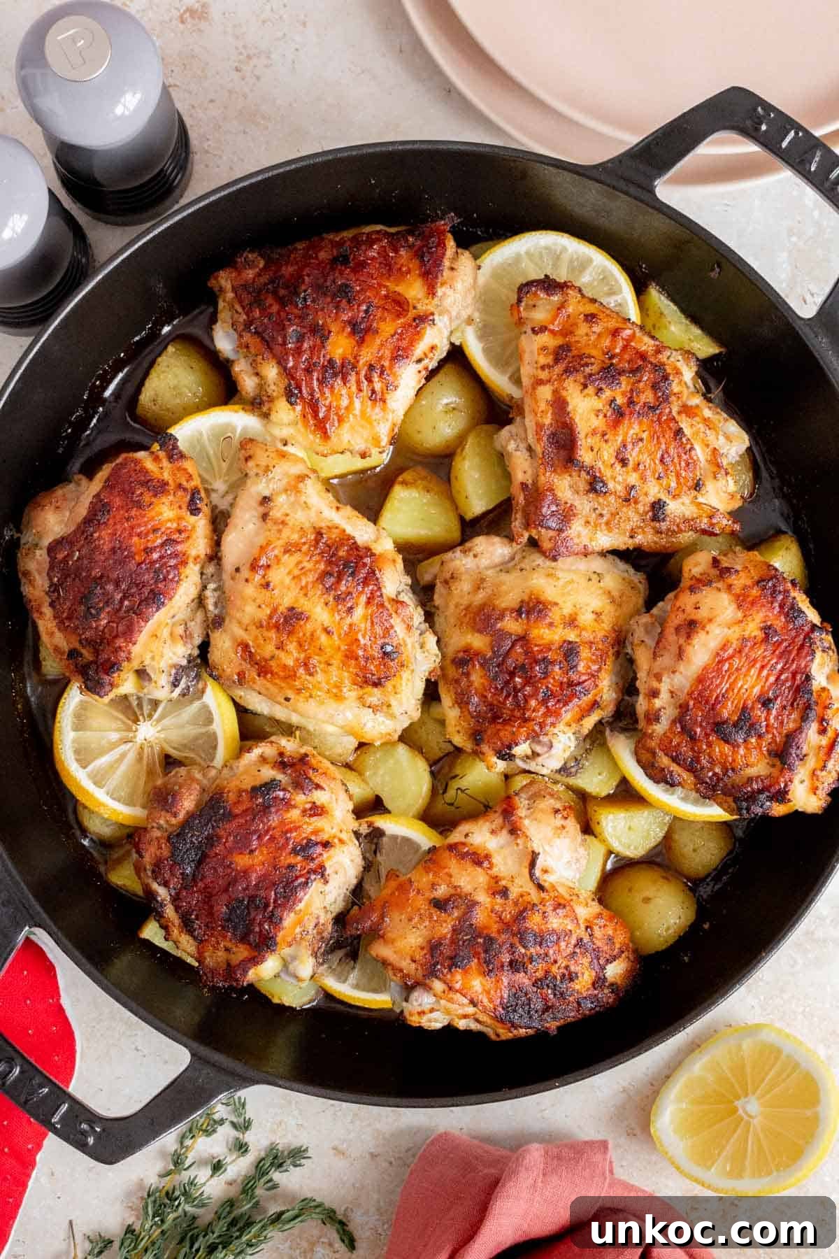 Crispy Cast Iron Chicken Thighs with Potatoes 2 Overhead view of cast iron chicken thighs and potatoes.