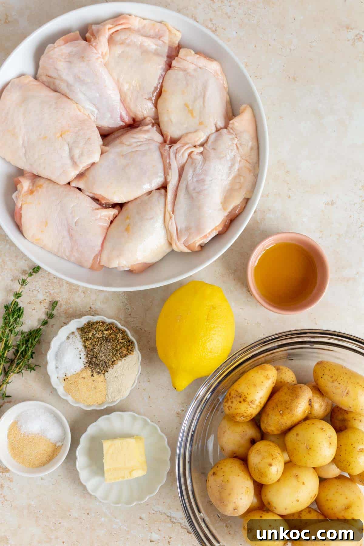 Crispy Cast Iron Chicken Thighs with Potatoes 3 Ingredients needed to make cast iron chicken thighs and potatoes.