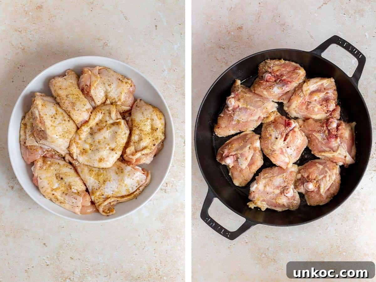 Crispy Cast Iron Chicken Thighs with Potatoes 4 Set of two photos showing chicken thighs seasoned and seared skin-side down.