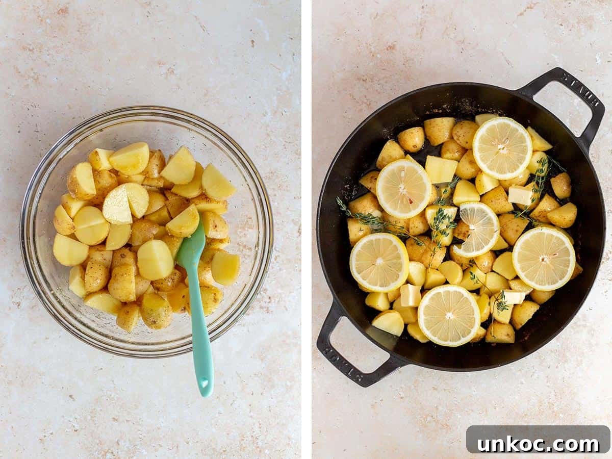 Crispy Cast Iron Chicken Thighs with Potatoes 5 Set of two photos showing potatoes seasoned and added to the cast iron along with sliced lemon, thyme, and butter.