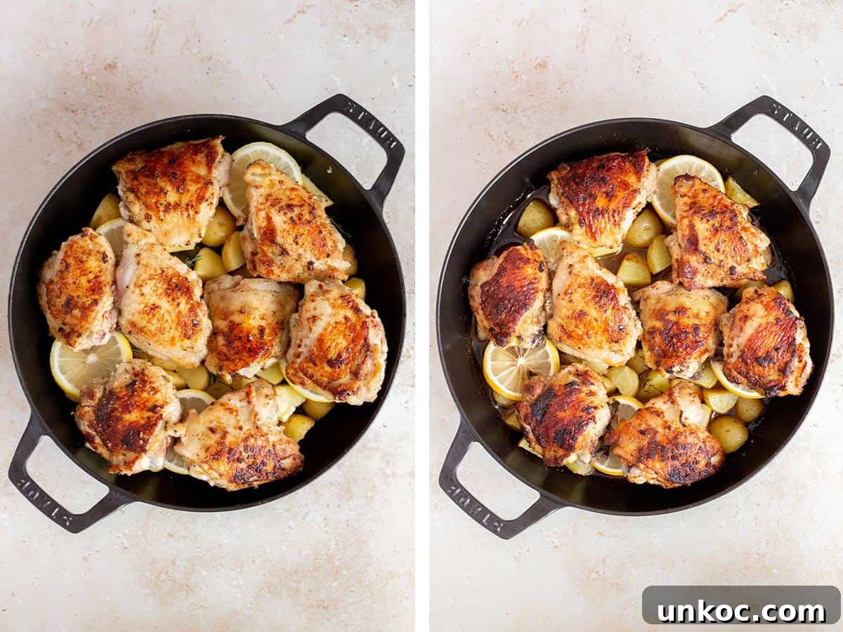 Crispy Cast Iron Chicken Thighs with Potatoes 6 Set of two photos showing chicken thighs placed on top of the potatoes and baked.