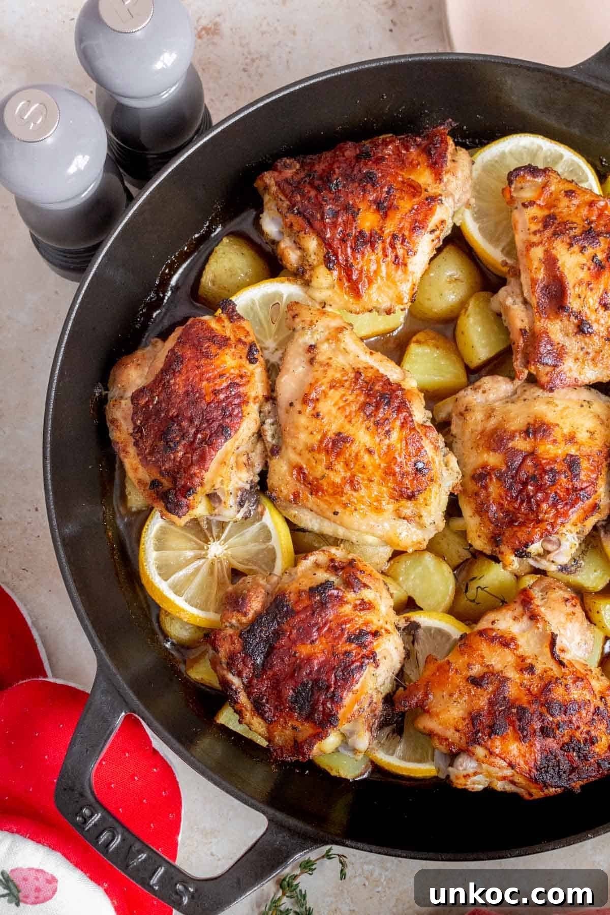 Crispy Cast Iron Chicken Thighs with Potatoes 8 A close up view of an overhead view of cast iron chicken thighs and potatoes.