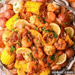 Cajun Shrimp Boil with Corn and Potatoes 15 cajun shrimp boil on a large platter.