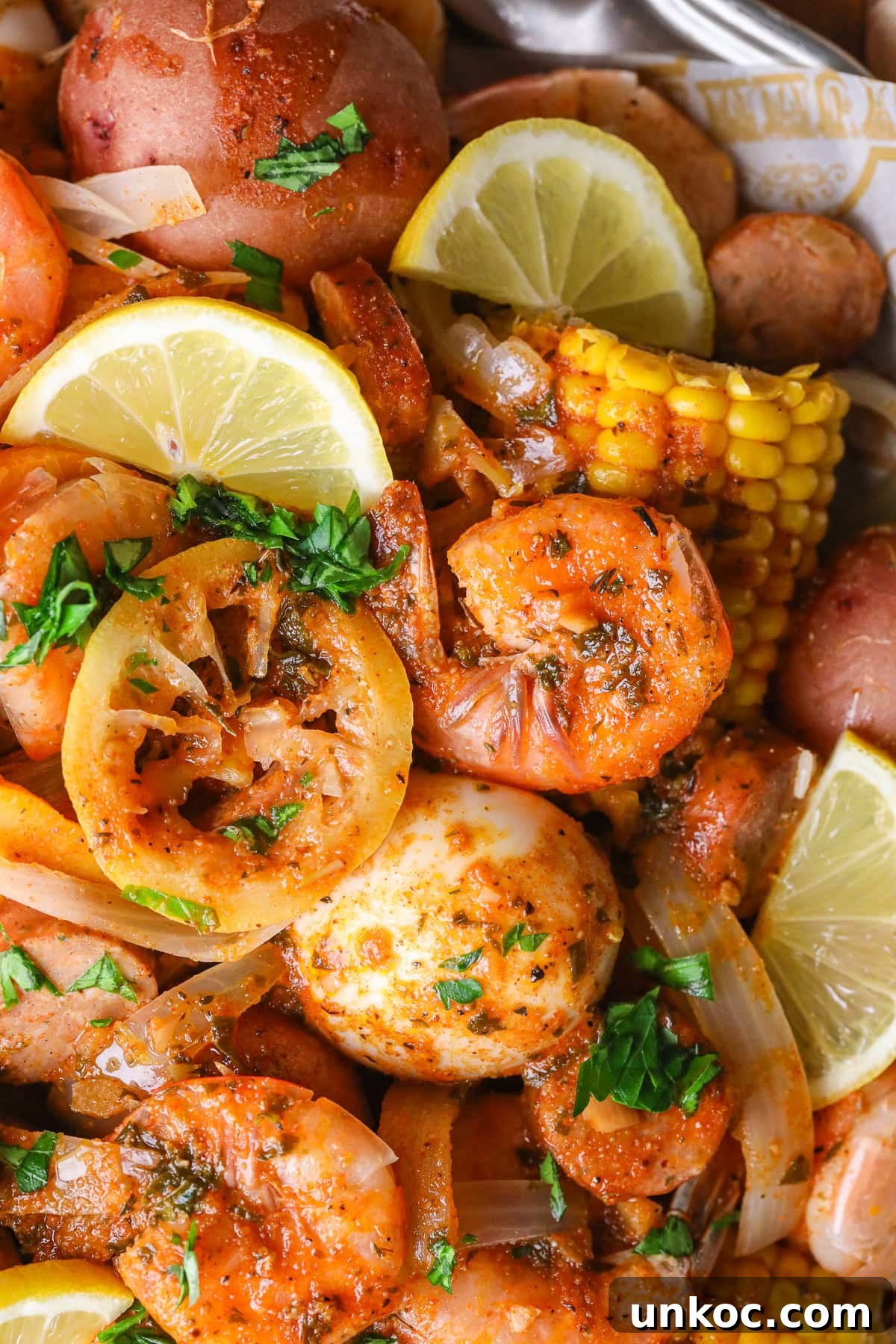 Cajun Shrimp Boil with Corn and Potatoes 10 cajun shrimp boil on a large platter.