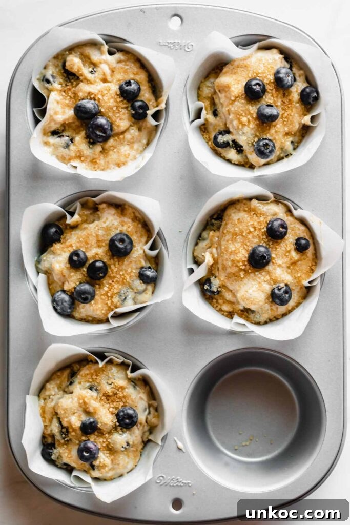 Batter in the muffin wells gets topped with blueberries and coarse sugar.