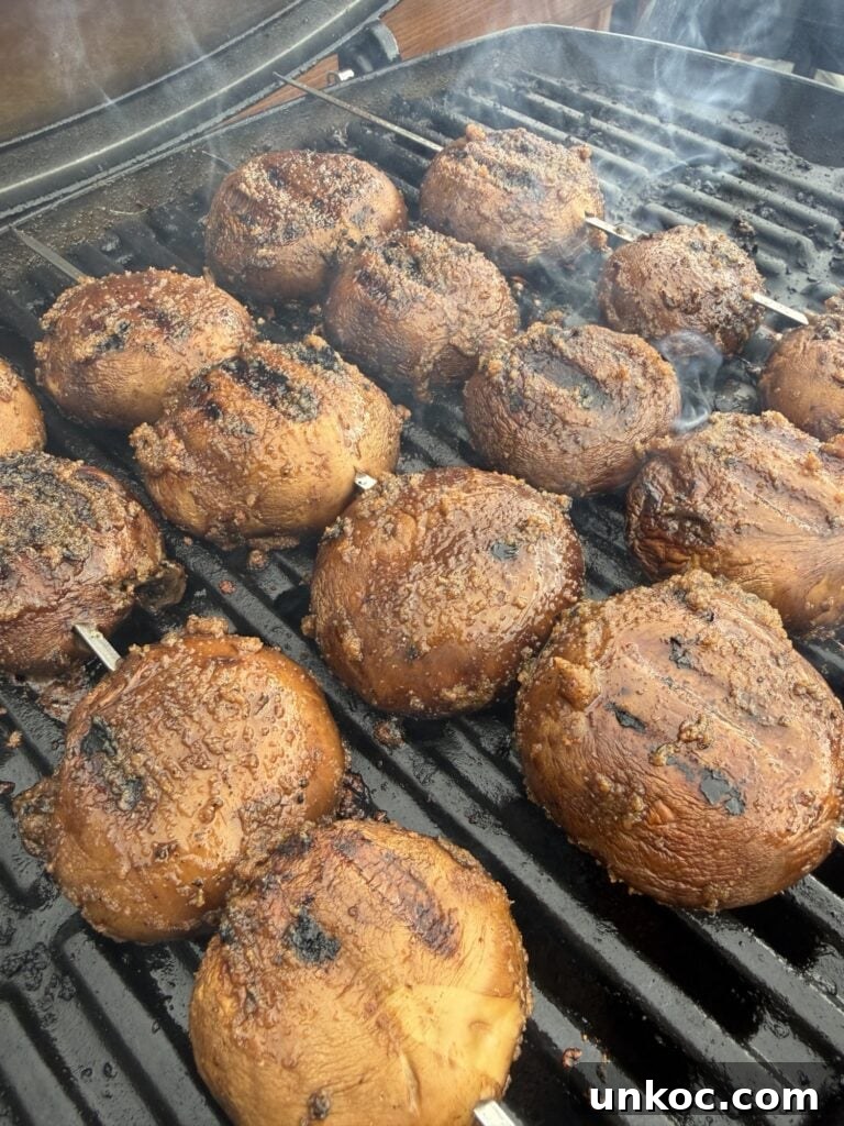 The mushrooms on the grill